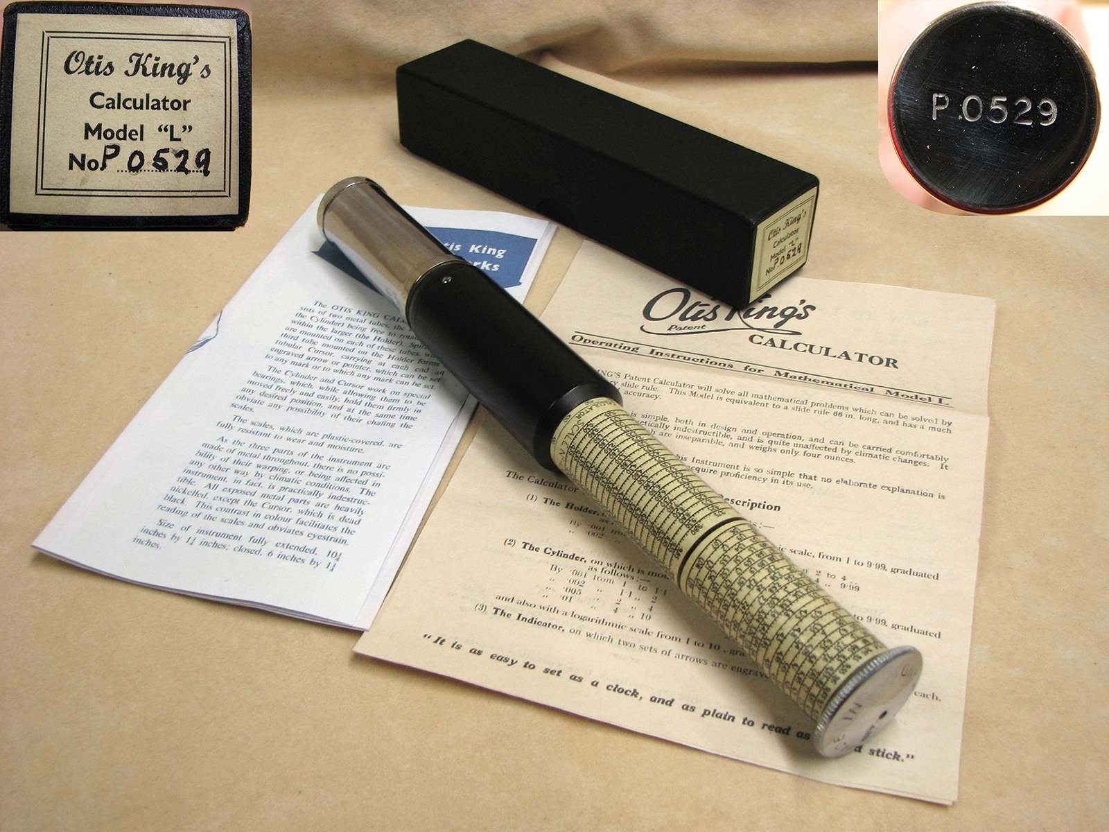 Early 1950s Otis King Model L type B cylindrical slide rule and calculator